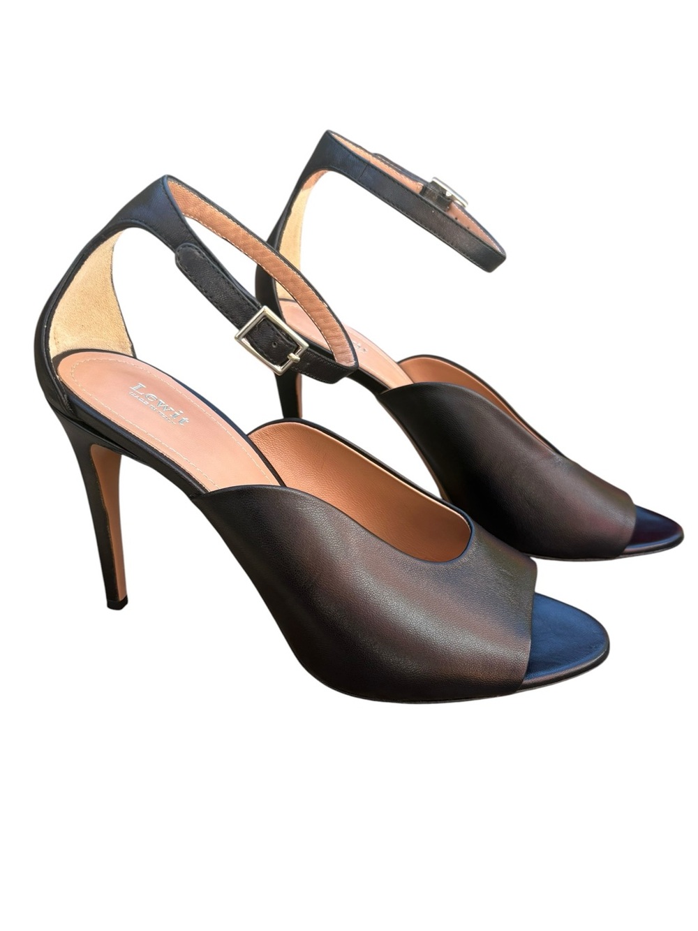 Lewit Black Leather Peep Toe Ankle Strap Heels US 9 EU 40 Made in Italy